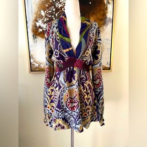 Johnny Was 100% silk long sleeve tunic blouse top size L ~